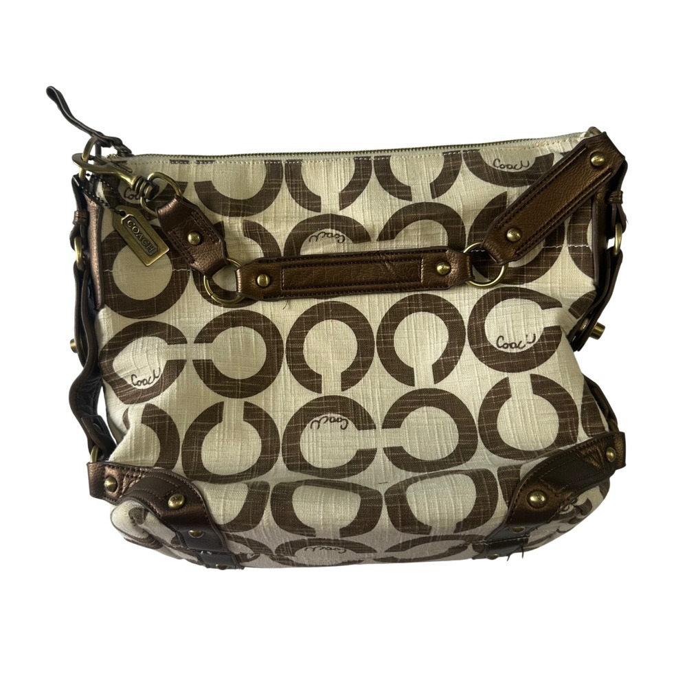 Coach Optic C Logo Canvas Shoulder Bag Bronze Metallic Trim Brown Cream